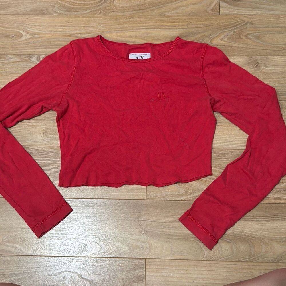 Armani exchange red long sleeve cropped top size small‎ 100% cotton